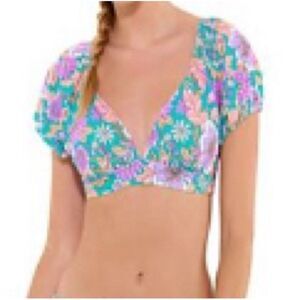 New Junior’s XXL Teal Floral Colorful Bright Puff Sleeve V neck Swim top